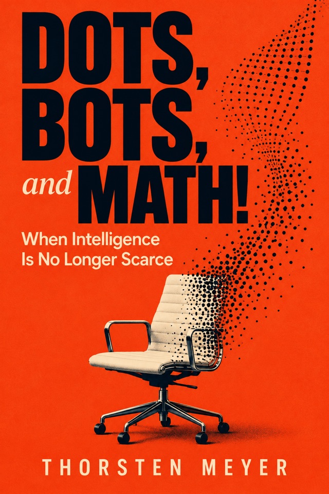 Cover of Dots, Bots, and Math! When Intelligence Is No Longer Scarce by Thorsten Meyer: an office chair dissolving into a cloud of dots