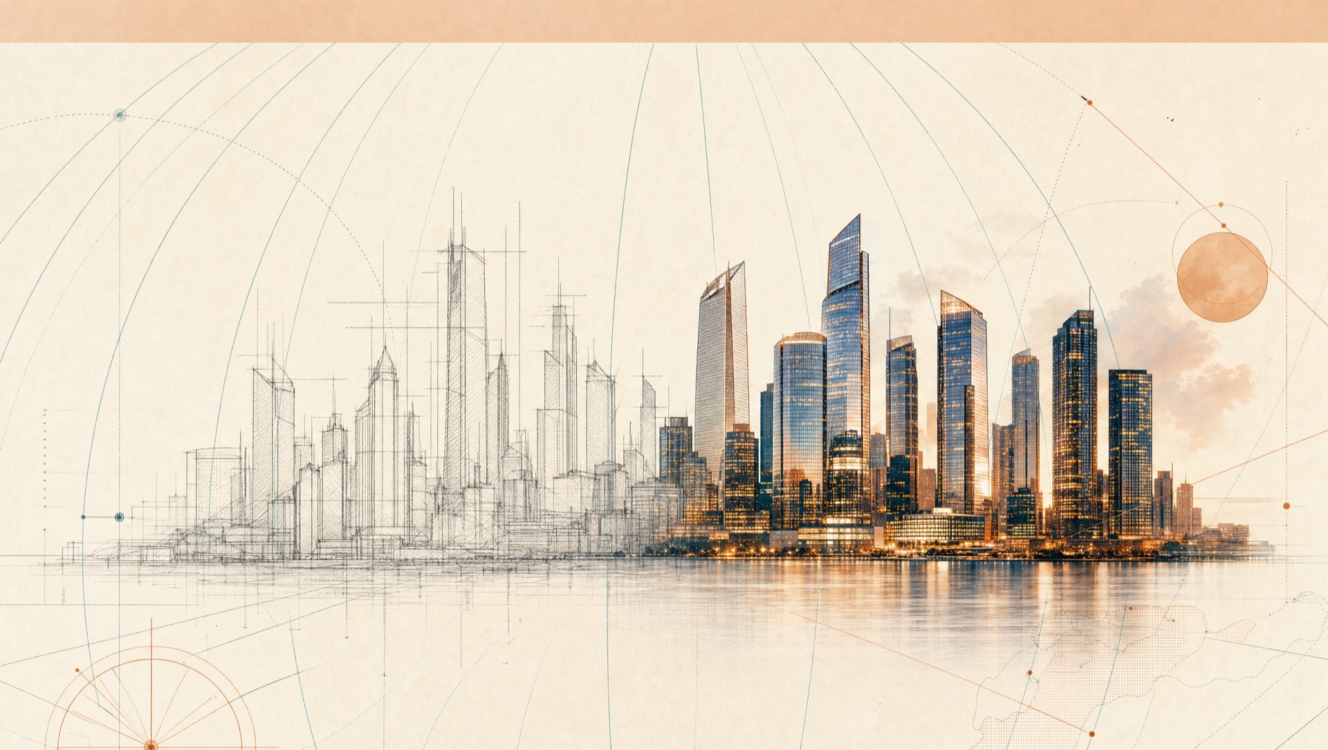 A city skyline half pencil sketch, half finished glass towers